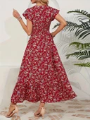 Kadın Kısa Kollu Kruvaze Yaka Beli Lastikli çiçek Desenli Elbise thumbnail 4