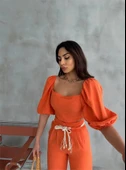 KETEN CROP KARPUZ KOL BLUZ-PANTOLON HASIR KEMERLİ - Orange thumbnail 2