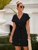 Kadın Kısa Kollu V Yakalı önden Düğmeli Belden Kuşaklı Cepli Sofya Elbise thumbnail 5