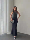 Kadın Omuz çoklu Askılı önü Taş Işlemeli Balık Kesim Janjan Krep Maxi Boy Elbise - 4