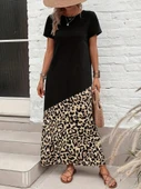 Kadın Kısa Kollu Bisiklet Yaka Leopar Detaylı Midi üst Viskon Alt Süprem Elbise thumbnail 3
