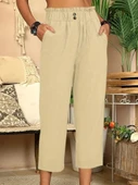 Kadın Bel Büzgü Ve Düğme Detay Kapri Keten Pantolon thumbnail 2