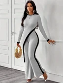 Kadın Uzun Kollu Bisiklet Yaka Asimetrik Kesim Bluz şardonlu Kaşkorse Bluz Ve Pantolon Ikili Takım thumbnail 2