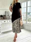Kadın Kısa Kollu Bisiklet Yaka Leopar Detaylı Midi üst Viskon Alt Süprem Elbise thumbnail 5