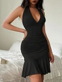 Kadın Sıfır Kol Derin V Yakalı Bağcıklı Sırt Dekolteli Etek Fırfır Detaylı Sandy Elbise thumbnail 3