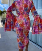 Kadın Göğüs Dekolteli Kolları Volan Detay Astarlı Tül Elbise thumbnail 6