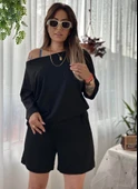 Kadın Kayık Yaka Oversize Asimetrik Bluz Ve şort Iki Iplik Takım - 9