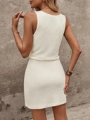 Kadın Askılı Kare Yakalı Belden Bağcıklı Triko Elbise thumbnail 2