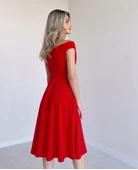 Kadın Kısa Kollu Kruvaze Yaka Eteği Volanlı Krep Elbise thumbnail 3