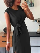 Kadın Kısa Kollu Yuvarlak Yaka Belden Bağcıklı önden Yırtmaçlı Aerobin Elbise thumbnail 6