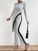 Kadın Uzun Kollu Bisiklet Yaka Asimetrik Kesim Bluz şardonlu Kaşkorse Bluz Ve Pantolon Ikili Takım thumbnail 1