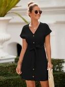 Kadın Kısa Kollu V Yakalı önden Düğmeli Belden Kuşaklı Cepli Sofya Elbise thumbnail 8