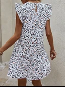 Kadın Kısa Kollu Bisiklet Yaka Etek Ucu Volanlı Kısa Dokuma Elbise thumbnail 4