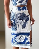 Kadın Sıfır Kollu Yuvarlak Yaka çiçekli Desenli Süprem Crop Ve Yırtmaçlı Etek Ikili Takım thumbnail 3