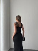 Kadın Omuz çoklu Askılı önü Taş Işlemeli Balık Kesim Janjan Krep Maxi Boy Elbise - 10