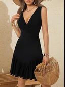 Kadın Askılı Kruvaze Yakalı Fırfırlı Janjan Krep Elbise thumbnail 1