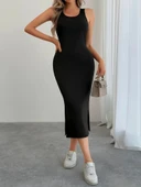 Kadın Askılı Yuvarlak Yakalı Yandan Yırtmaçlı Arkası Dantel Detaylı Viskon Elbise thumbnail 5