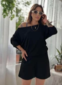 Kadın Kayık Yaka Oversize Asimetrik Bluz Ve şort Iki Iplik Takım - 5