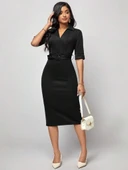 Kadın Kısa Kollu Yakalı Kruvaze Yakalı Beli Kemerli Midi Modal Elbise thumbnail 6