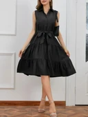 Kadın Kısa Kollu Gömlek Yaka Düğmeli Beli Kuşaklı Katlı Dokuma Midi Elbise thumbnail 2