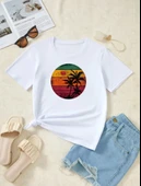 Kadın Kısa Kollu Palmiye Baskılı Viskon T-shirt thumbnail 5