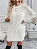 Kadın Uzun Kollu Bisiklet Yaka Desenli Triko Elbise thumbnail 1