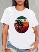 Kadın Kısa Kollu Palmiye Baskılı Viskon T-shirt thumbnail 11