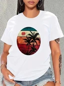 Kadın Kısa Kollu Palmiye Baskılı Viskon T-shirt thumbnail 16