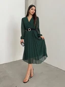 Kadın şifon Kumaş Astalı Kloş Kesim Kruvaze Yaka Midi Boy Elbise thumbnail 1