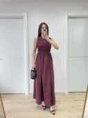 Kolsuz Göğüs Lastıklı Uzun Elbise - Bordo thumbnail 3