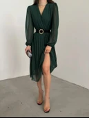 Kadın şifon Kumaş Astalı Kloş Kesim Kruvaze Yaka Midi Boy Elbise thumbnail 4