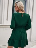 Kadın Uzun Kollu Bisiklet Yaka Beli Lastikli Fırfırlı Ithal Krep Elbise thumbnail 3