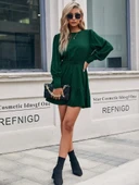 Kadın Uzun Kollu Bisiklet Yaka Beli Lastikli Fırfırlı Ithal Krep Elbise thumbnail 4