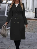 Kadın Uzun Kollu Yakalı önden Düğmeli Beli Kuşaklı Midi Gabardin Trençkot thumbnail 3