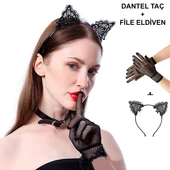 Siyah Kedi Dantel Taç + Eldiven Seti – Parti, Dans ve Kostüm Kombini thumbnail 1