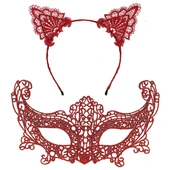 Romantik Kırmızı Dantel Maske Seti – Kedi Kulaklı Taç ve Maske No 3 thumbnail 2