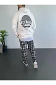 Erkek Baskılı Üç İplik Kapüşonlu Oversize Sweatshirt - Beyaz thumbnail 2