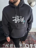 Üç İplik Kapşonlu Baskılı SweatShirt - Füme thumbnail 1