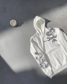 Uzun Kol Kapşonlu Baskılı SweatShirt - Beyaz thumbnail 4