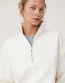 Oversize Yarım Farmuarlı Yakalı Basic SweatShirt - Beyaz thumbnail 4