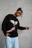 Erkek Güvercin Baskılı Sweatshirt - Siyah thumbnail 4