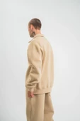 Unisex Double Oversize Patlı Yaka SweatShirt - Bej thumbnail 2