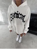 Unisex Üç İplik Kapşonlu Baskılı SweatShirt - Beyaz thumbnail 3