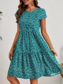 Kadın Kısa Kollu Bisiklet Yaka çiçek Desenli Süprem Elbise thumbnail 2