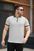 Erkek çizgili Fermuar Yakalı Kısa Kollu Tişört thumbnail 1