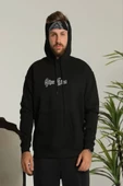 Erkek Sırt Baskılı Oversize Üç İplik Kapüşonlu Sweatshirt - Siyah - 3