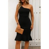 Lucky Life Kadın Tek Omuz Askılı Etegi Volanlı Janjan Krep Elbise - 1