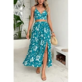 Lucky Life Kadın Ince Askılı çiçek Baskı Desenli Crop Yırtmaçlı Etek Ikili Süprem Takım - 2