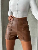 Parçalı cepli deri şort taba w26312 thumbnail 6