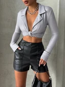 Parçalı cepli deri şort siyah w26312 thumbnail 4